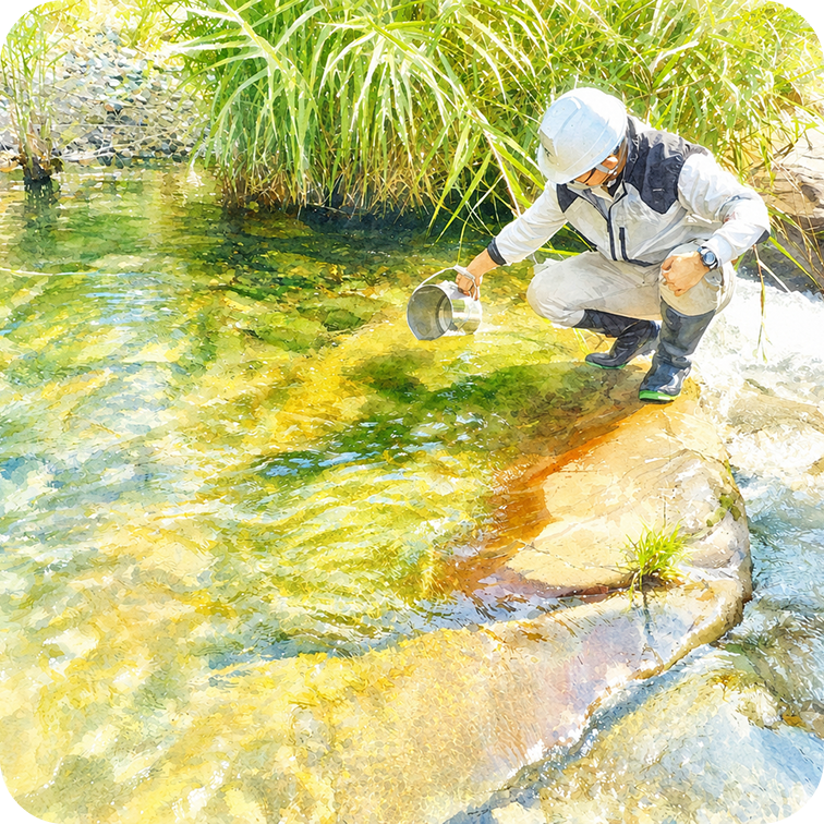 川で水質調査を行う社員