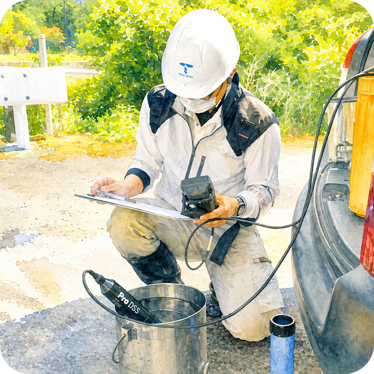 屋外で試料を採取する社員
