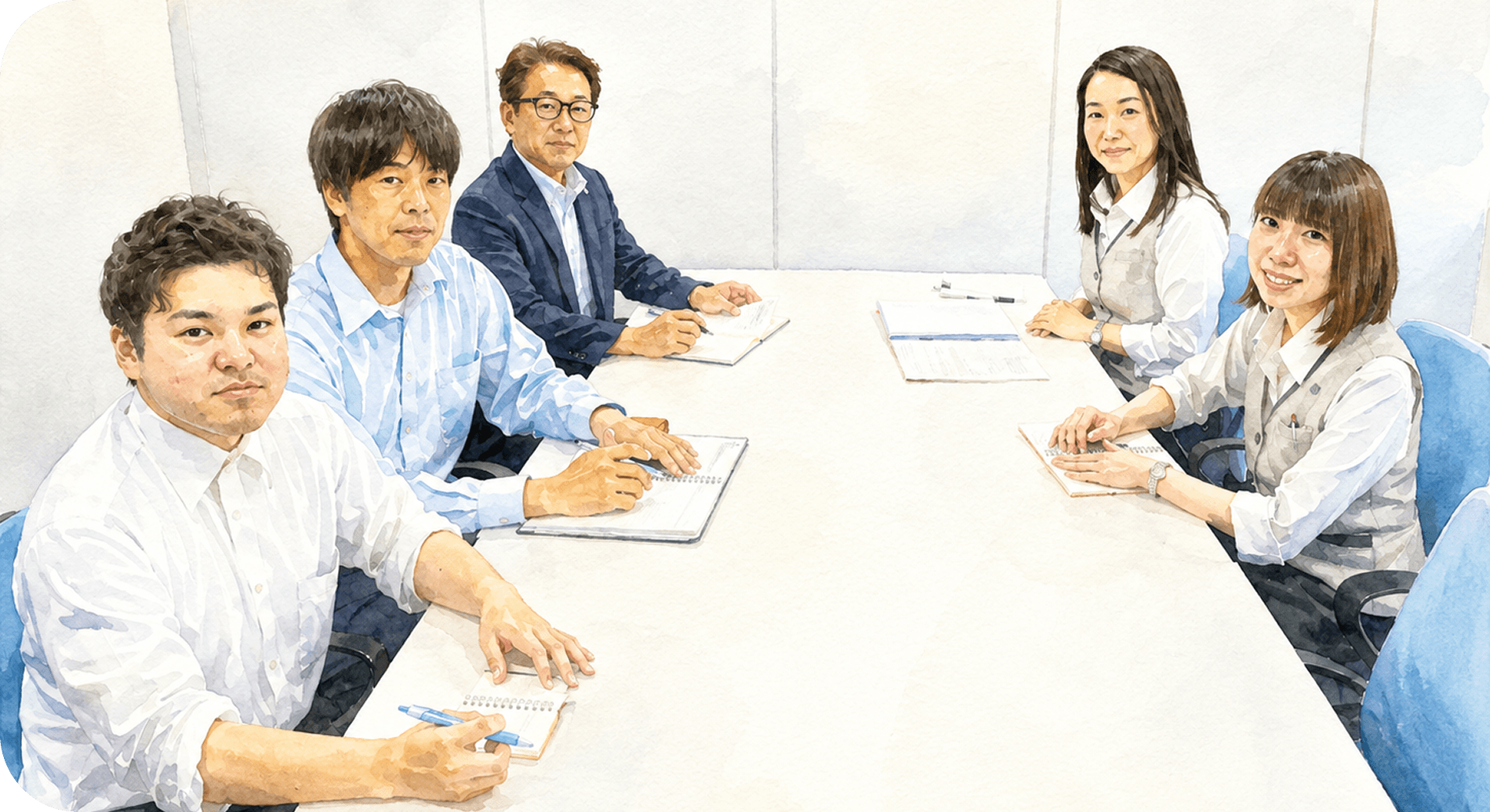 会議室で話し合う東洋技研の社員
